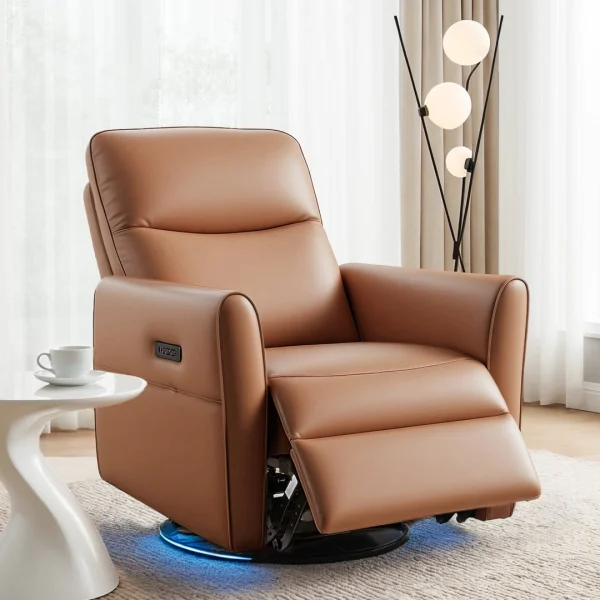 Artiss Swivel Recliner Chair PU Leather Rocking Reclining Sofa​ with Charging Ports LED – Brown
