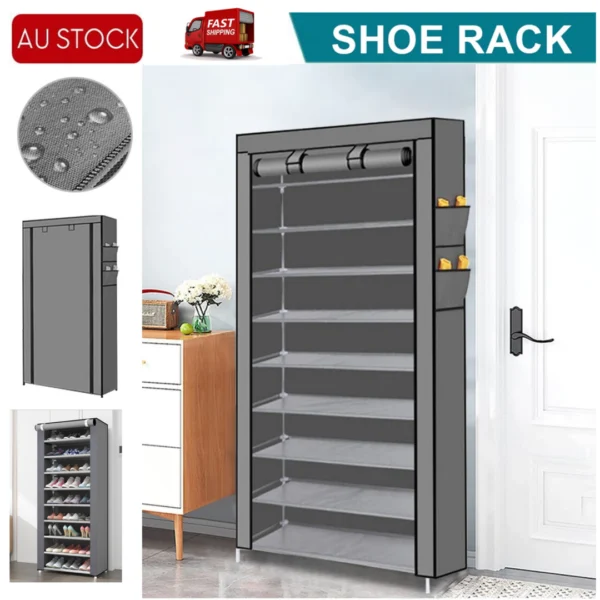 9 Tier Shoe Rack Portable Storage Cabinet Organiser Portable Wardrobe W/ Cover – Grey