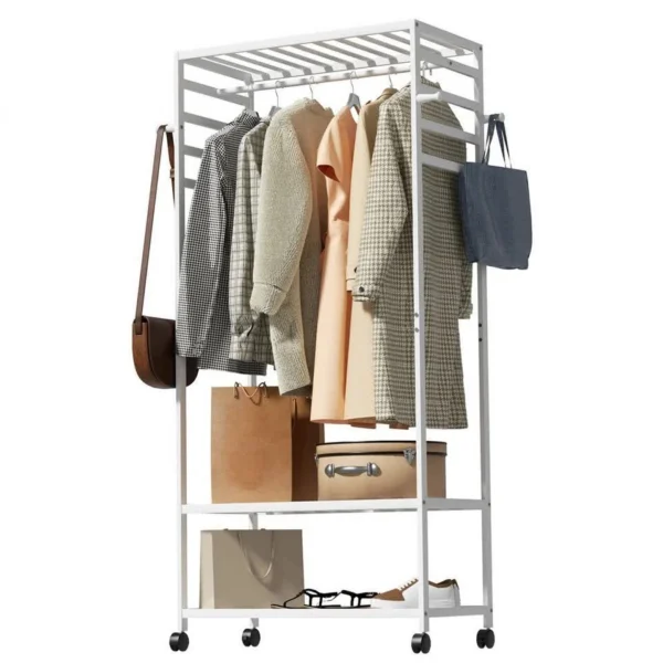 XXL Bamboo Clothes Rail Coat Rack with Wheels, Wooden Open Wardrobe Garment Organiser with Hanging Rod, Shelves and Hooks, White Freestanding Clothes Stand