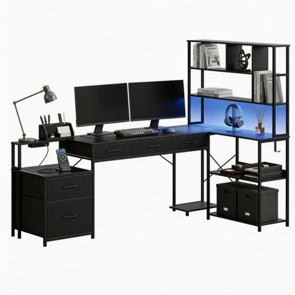 Artiss 200 cm L Shaped Gaming Desk Computer Desk with LED Lights & Power Outlets