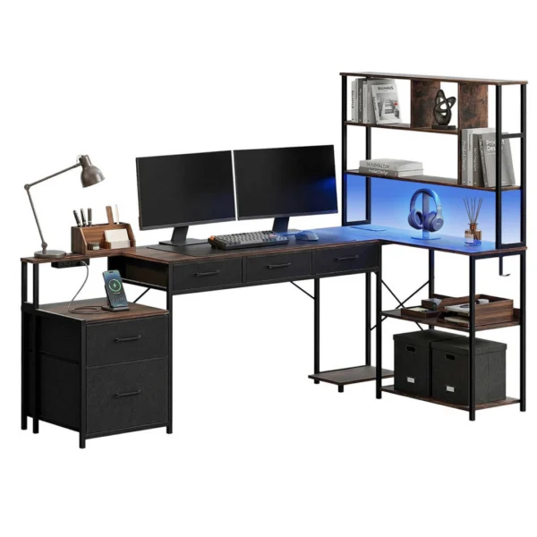 Artiss 200 cm L Shaped Gaming Desk Computer Desk with LED Lights & Power Outlets