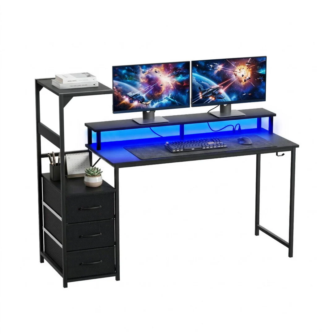 Artiss 145 cm L Shaped Gaming Desk Computer Desk with LED Lights & Power Outlets