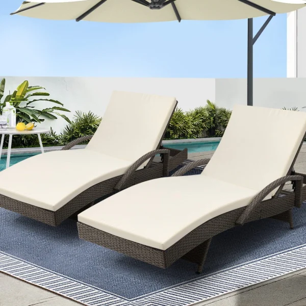 Gardeon 2-Piece Sun Lounge Wicker Lounger Outdoor Furniture Beach Chair Adjustable Cushion Grey&Beige