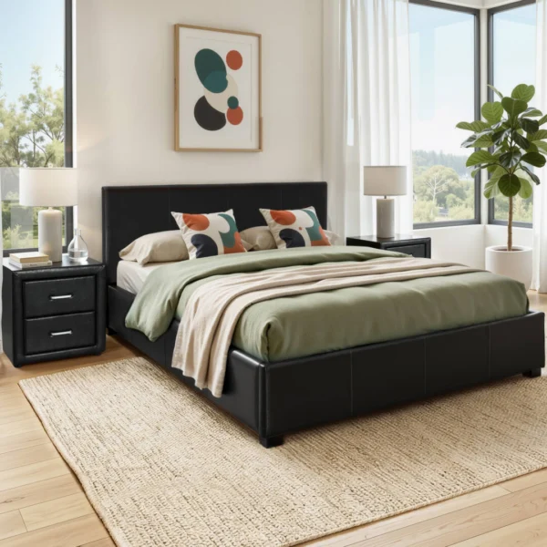Artiss Gas Lift Queen Bed Frame and Bedside Table Set PU Leather – Black