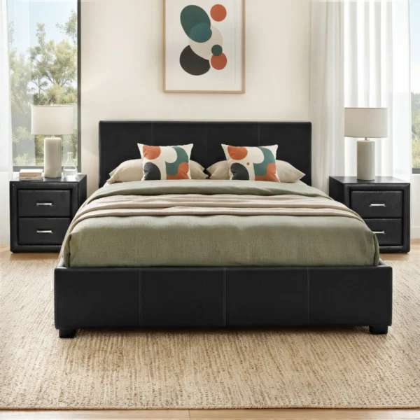 Artiss Gas Lift Queen Bed Frame and 2 Bedside Table Set PU Leather – Black