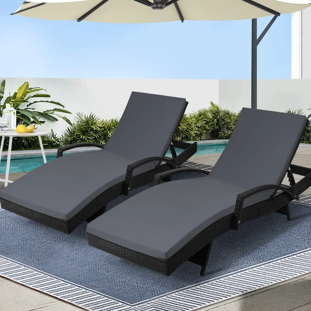 Gardeon 2-Piece Sun Lounge Wicker Lounger Outdoor Furniture Beach Chair Patio Adjustable Cushion – Black