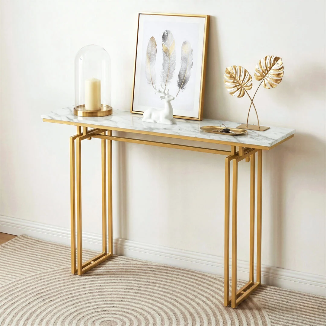 Artiss Console Table Hallway Entryway Table Marble Effect 110 cm – White & Gold