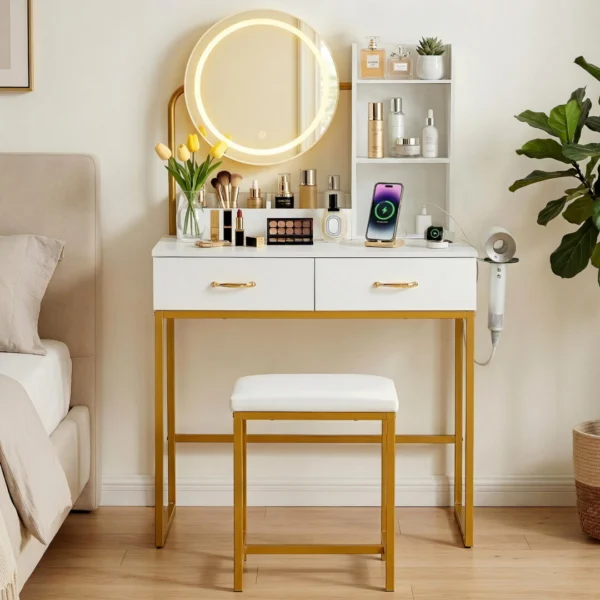 Artiss Dressing Table Vanity Desk Set Stool LED Charging Station – White
