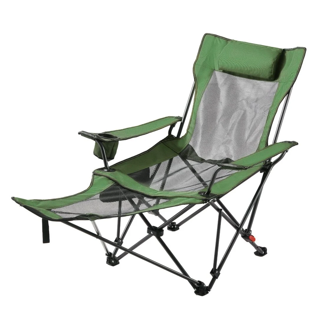 Reclining Camping Chair, 4 Adjustable Positions, Portable Folding Lounger for Adults, Mesh Beach Chair with Headrest & Foot Rest, Supports 220 Lbs, Heavy Duty Camp Chairs for Patio, Green