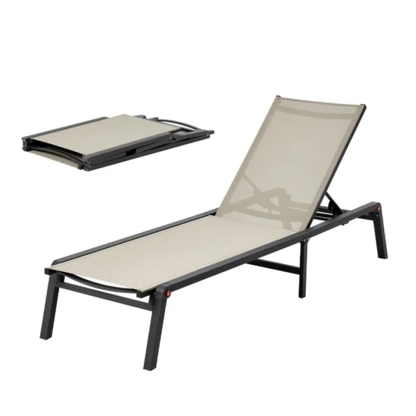 Outdoor Chaise Lounge Chair, 181 kg Weight Capacity, Foldable Sun Tanning Chair, 5 Adjustable Positions, Easy Assembly, Heavy Duty Aluminium Pool Recliner Lounge Chairs, for Beach Yard Patio