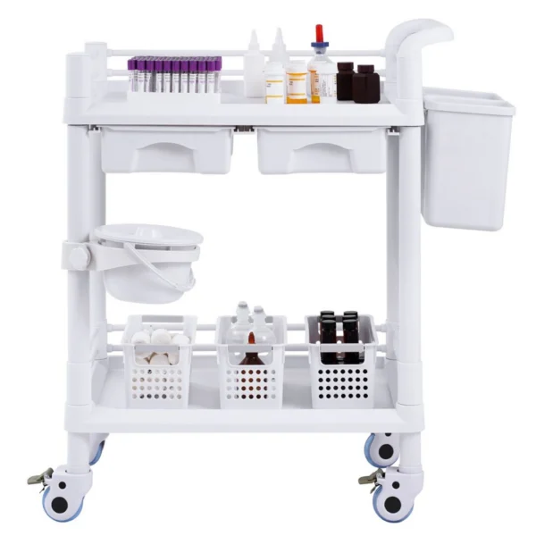 2 Tiers Lab Carts, Lab Utility Cart with 2 Trays, 2 Drawers & 4 Silent Wheels, Mobile Medical Cart with PP Material, Lab Rolling Cart with 3 Trash Cans for Lab, Clinic, Hospital, Salon, White