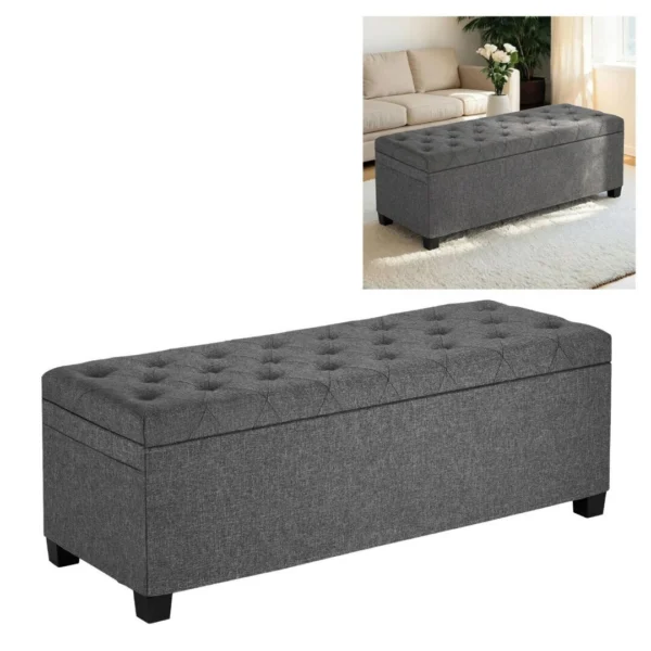 Storage Ottoman Bench, Button-Tufted End of Bed Bench with Side Bags, Flip-Up Upholstered Storage Chest with Metal Frame, Linen Bed Ottoman for Living Room, Bedroom, Entryway, Office, Grey