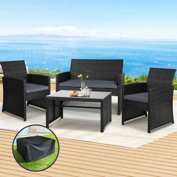 Gardeon 4-Piece Outdoor Sofa Set with Storage Cover Rattan Chair Furniture – Black