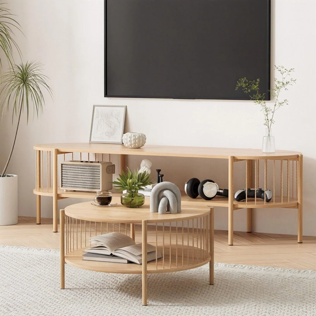 Artiss TV Unit & Coffee Table Set Storage Shelf – Pine
