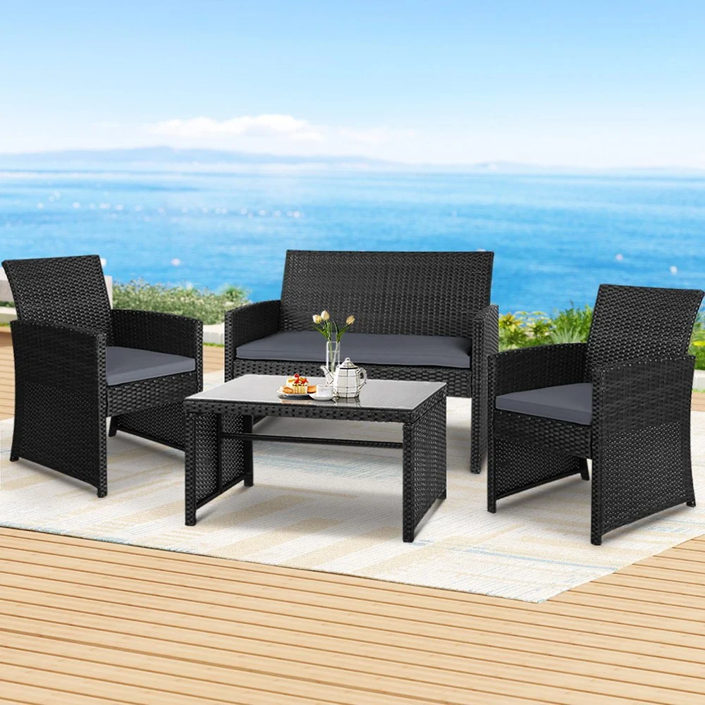 Gardeon 4-Piece Outdoor Sofa Set Rattan Chair Table Setting Garden Furniture – Black