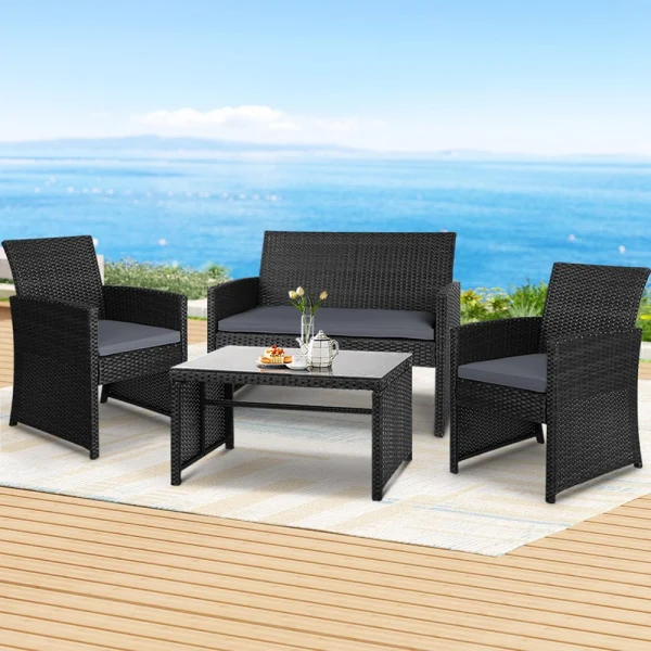 Gardeon 4-Piece Outdoor Sofa Set Rattan Chair Table Setting Garden Furniture – Black