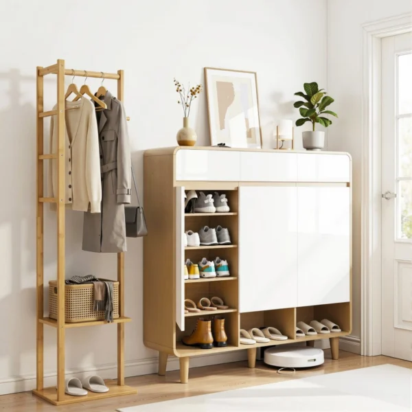 Artiss Shoe Rack Cabinet Wooden & Bamboo Clothes Rack Set Storage Shelf White – Pine