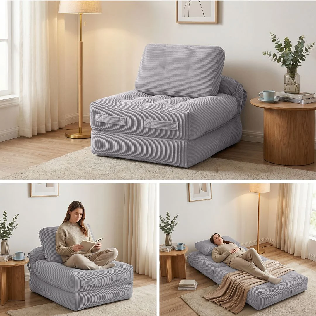 Artiss 1 Seater Corduroy Convertible Sofa Bed Pull Out Boneless Couch – Grey