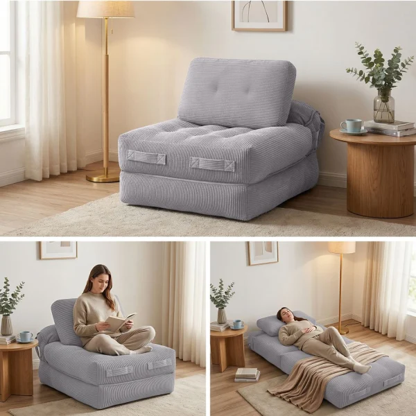 Artiss 1 Seater Corduroy Convertible Sofa Bed Pull Out Boneless Couch – Grey