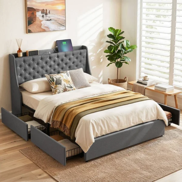 Artiss Double Bed Frame with 4 Storage Drawers and Charging Station Tufted Wingback Headboard 300 kg Loads Charcoal – Grey