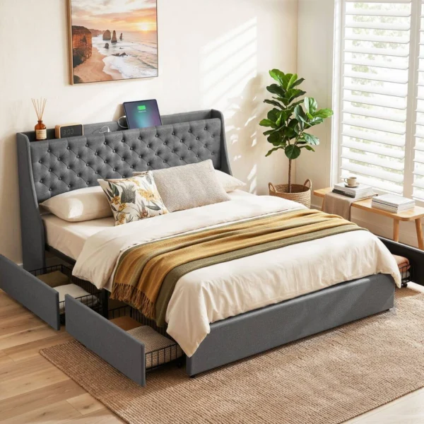 Artiss King Bed Frame with 4 Storage Drawers and Charging Station Tufted Wingback Headboard 300 kg Loads Charcoal – Grey