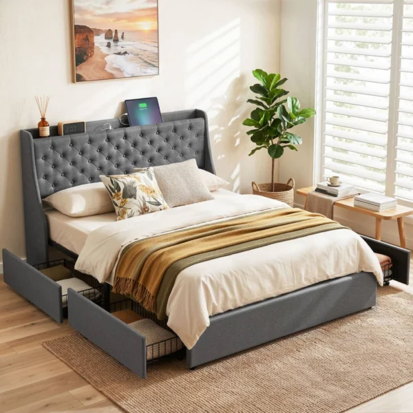 Artiss Queen Bed Frame with 4 Storage Drawers and Charging Station Tufted Wingback Headboard 300 kg Loads Charcoal – Grey