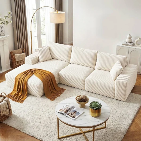 Artiss 3 Seater Modular Sofa Bed Sectional Boneless Couches for Living Room Corduroy Compressed Sofa – White