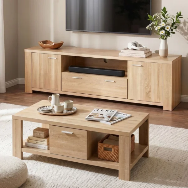 Artiss TV Unit & Coffee Table Set Storage Drawer – Pine