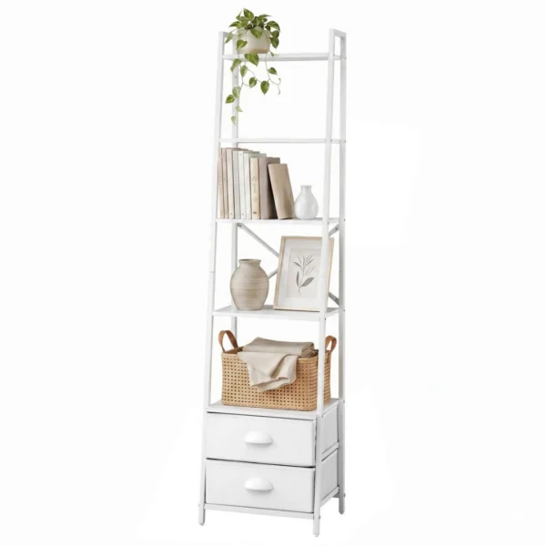 Artiss 5 Tier Bookshelf Ladder Bookcase with Fabric Drawers Display Rack – White