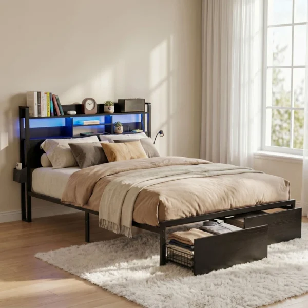 Artiss ZAC Double with Charging Station Storage Organiser Drawers LED Bed Frame