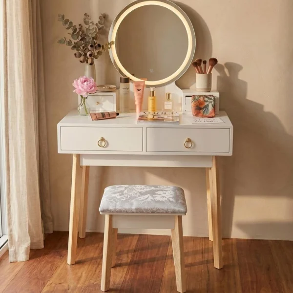 Dressing Vanity Table Stool Set with Make-Up LED Lighted Mirror – White