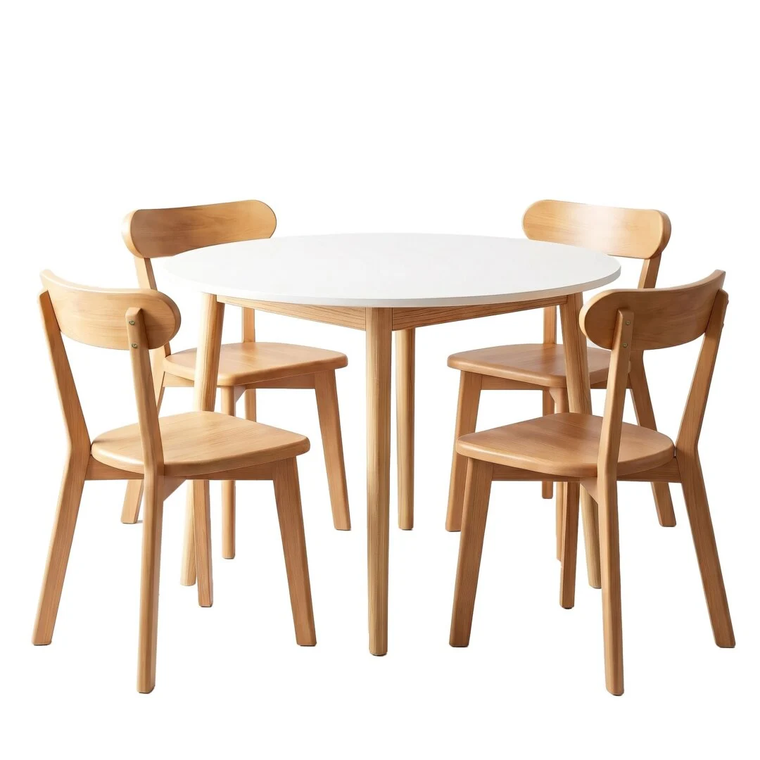 Artiss Round Dining Table and Chairs Set 5-Piece, 108 cm Compact Kitchen Table Set with Solid Pine Wood Legs & 4 Ergonomic Rubber Wood Chairs, White Timber Dining Set for Small Space