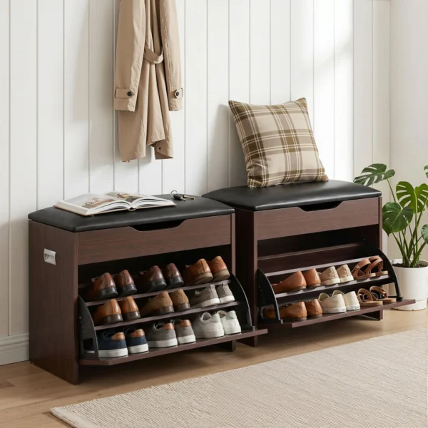 Artiss 2x Shoe Bench Set Flip Drawer – Walnut
