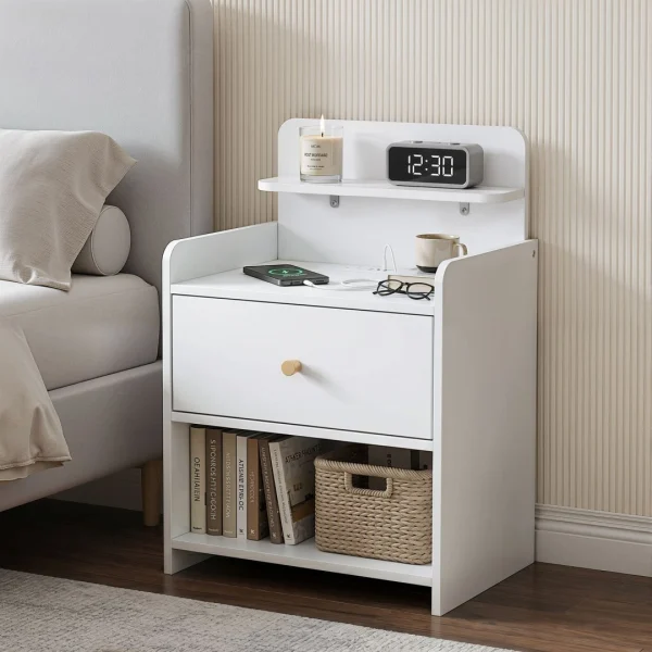 Artiss Bedside Table Drawer Charging Station – White