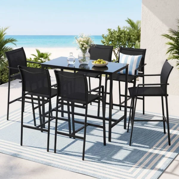 Gardeon 7-Piece Outdoor Bar Set Stools Dining Chairs Table Patio Steel Bistro Set – Black