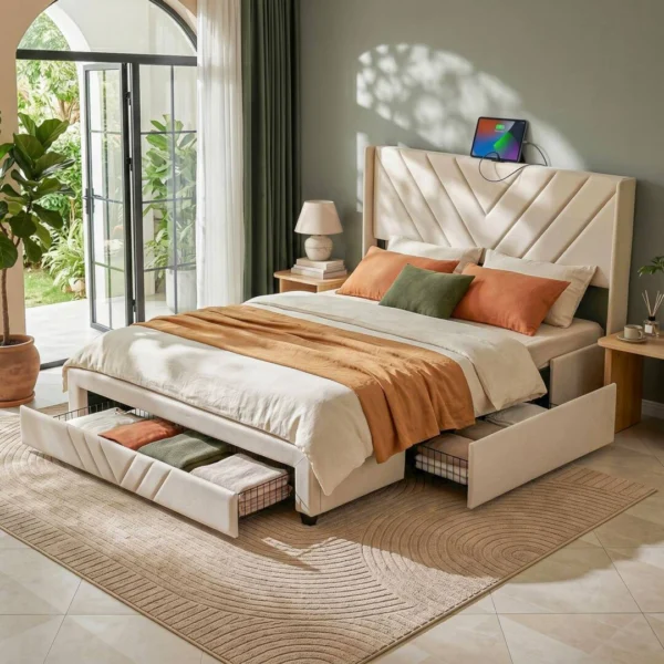 Artiss King Bed Frame with Charging Station and Storage Drawers Beige 300 kg Noise Free