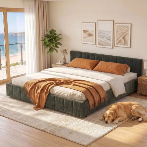 Artiss King Bed Frame Chenille Heavy Duty Platform Base Green 300 kg Support No Box Spring Needed