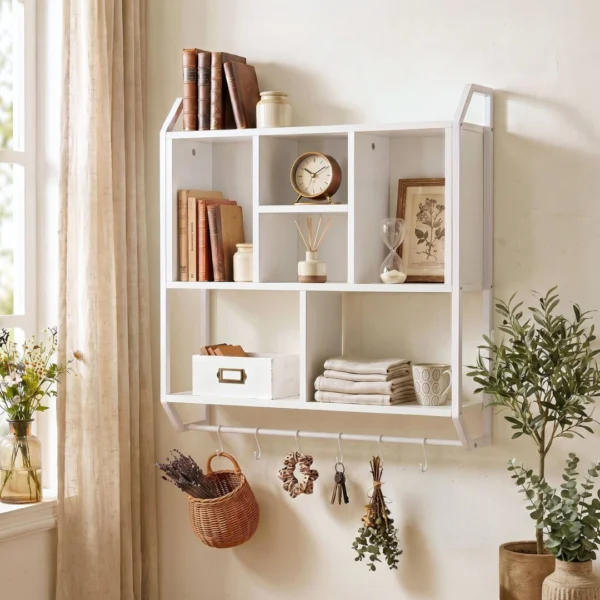 Artiss Floating Wall Shelf 6 Hooks Wall Mounted Storage Cubby Rack 73.5x74 cm – White