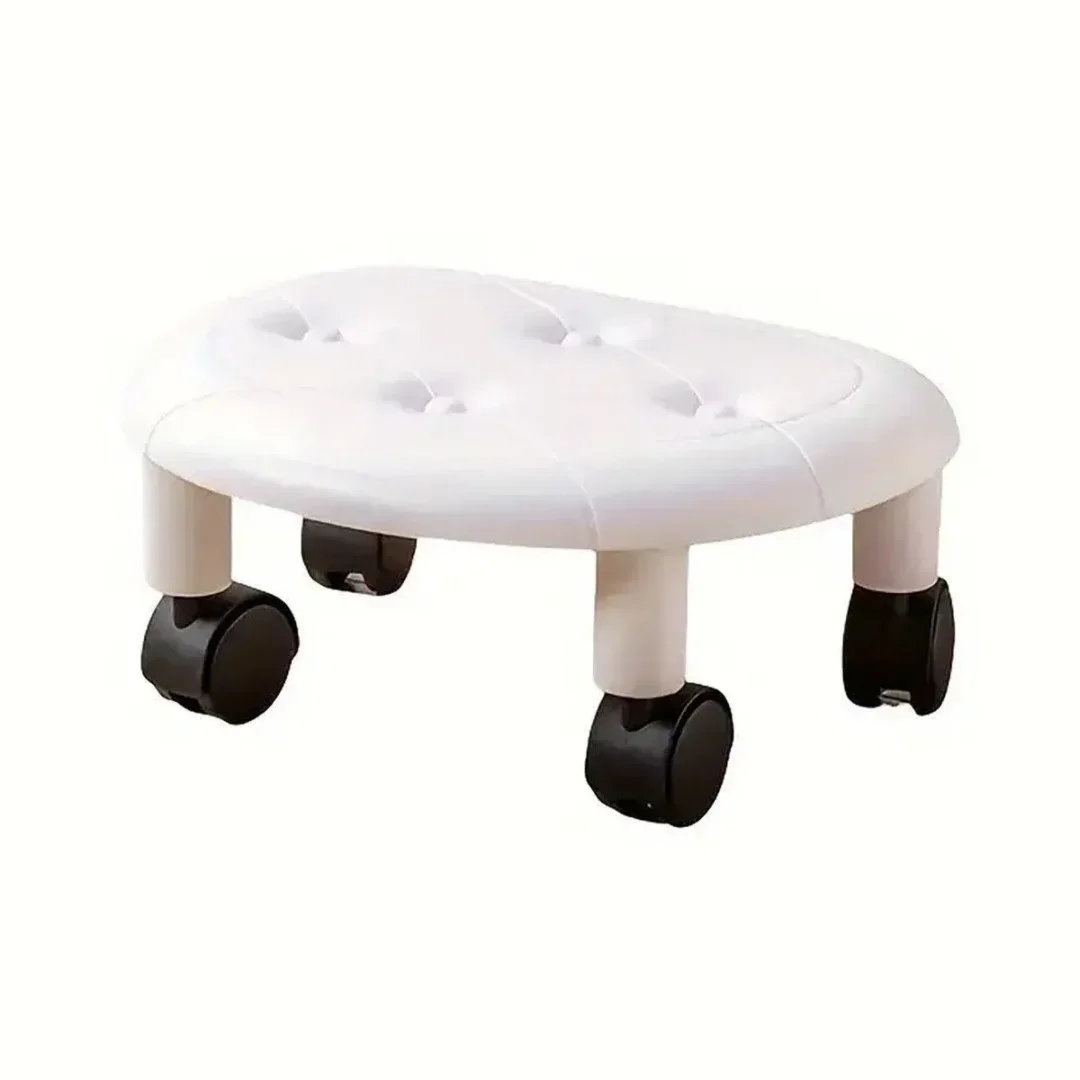 Imitation Leather Low Stool with Wheels Modern Bedroom Living Room Plastic Bench – White
