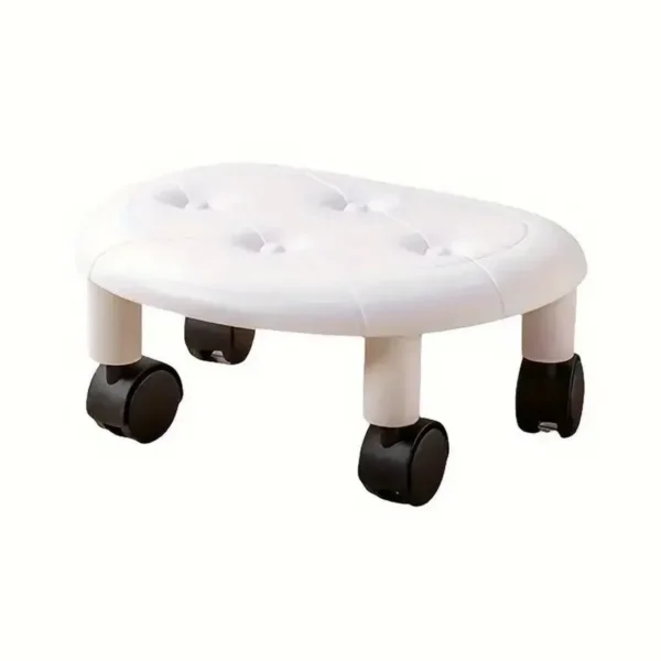 Imitation Leather Low Stool with Wheels Modern Bedroom Living Room Plastic Bench – White