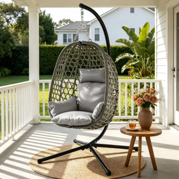 Gardeon Outdoor Swing Chair with Stand Cushion Rattan Furniture – Grey