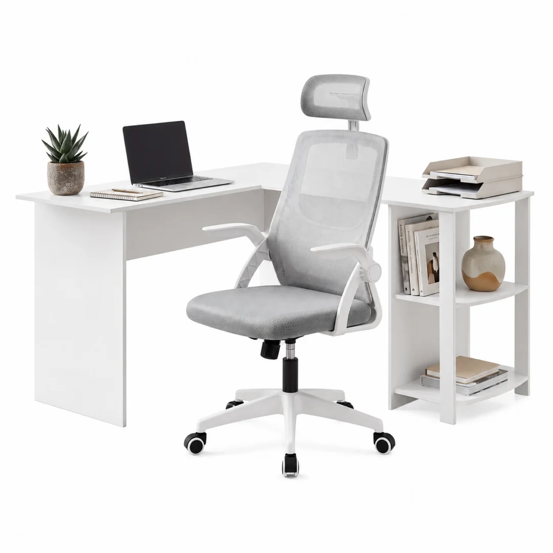 Artiss Home Office Desk and Chair Set, 136 cm L Shaped Computer Desk with Shelves & Cable Management, Ergonomic Mesh Office Chair with Adjustable Headrest, Flip-Up Armrests