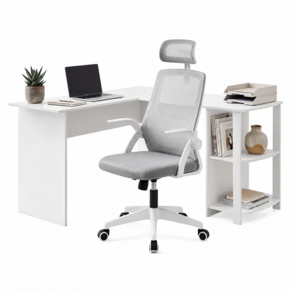 Artiss Home Office Desk and Chair Set, 136 cm L Shaped Computer Desk with Shelves & Cable Management, Ergonomic Mesh Office Chair with Adjustable Headrest, Flip-Up Armrests