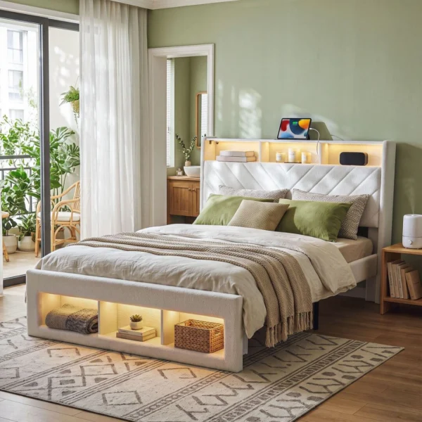 Artiss Queen Bed Frame with Storage Charging Station & LED – White