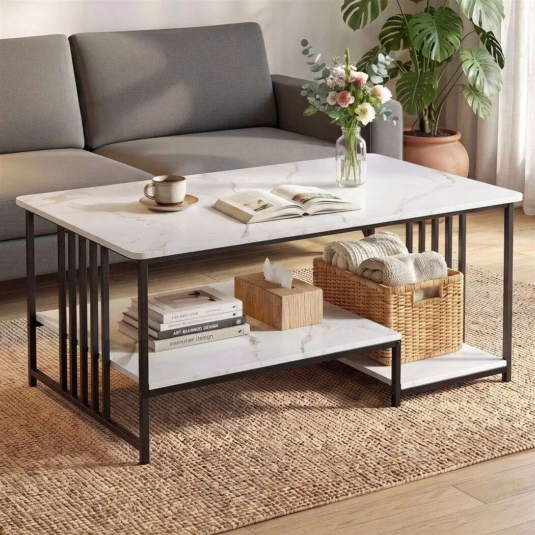 Artiss Coffee Table 100 cm Faux Marble Finish Centre Table 2-Tier Storage White&Black