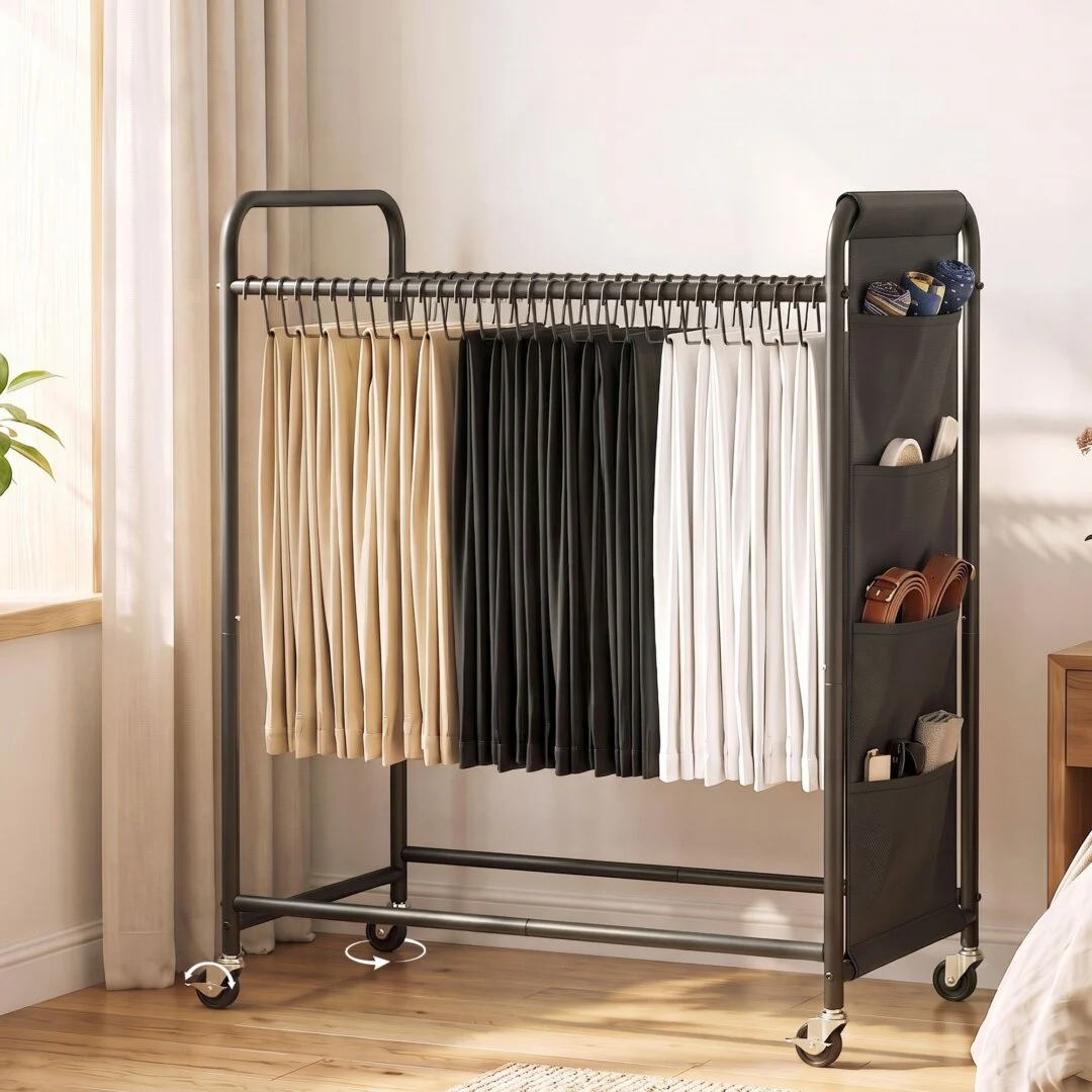 Artiss Pants Trolley Mobile Clothes Rack Clothing Stand with 30 Hangers Wheels Storage Organiser Bag