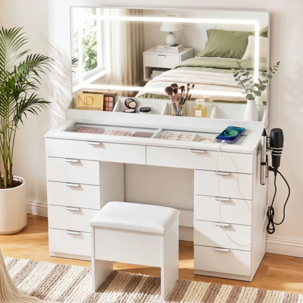 Artiss Dressing Table Makeup Vanity Desk Large LED Mirror 10 Drawers Power Outlet Hair Dryer Holder Hook – White