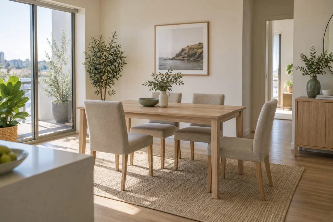A rectangular timber dining table with four chairs and open space around the setting.
