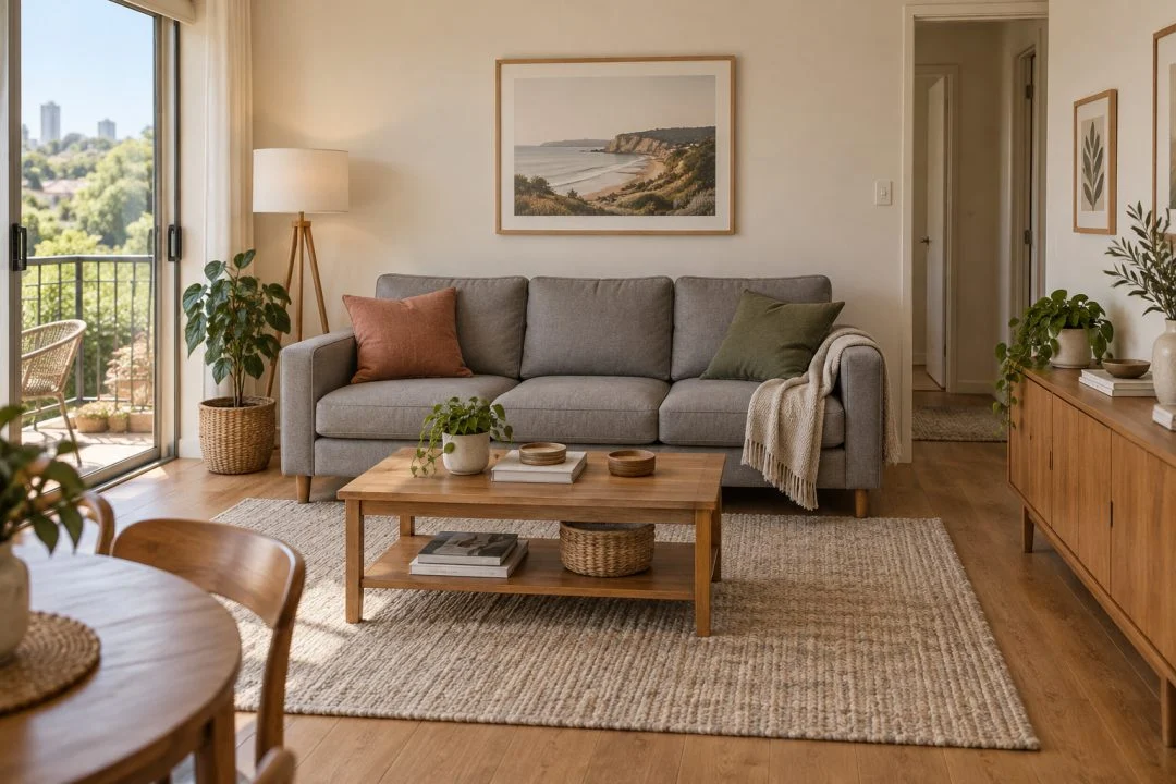 A grey three-seat sofa in a modest living room with a timber coffee table and storage cabinet.