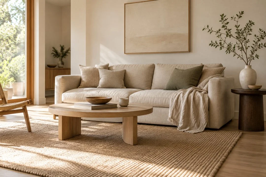 A simple cream sofa with a pale timber coffee table, dark side table and warm woven textures.